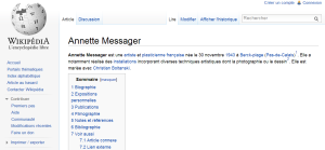 Capture d'écran : la page Wikipédia d'Annette Messager